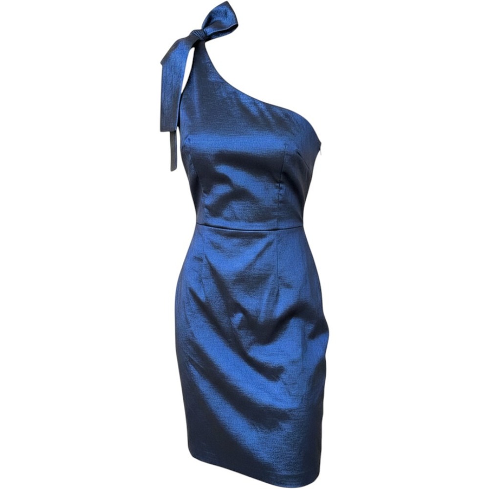 Xscape Joanna Chen One Shoulder Bow Ruched Cocktail Dress Navy Blue Shimmer 14